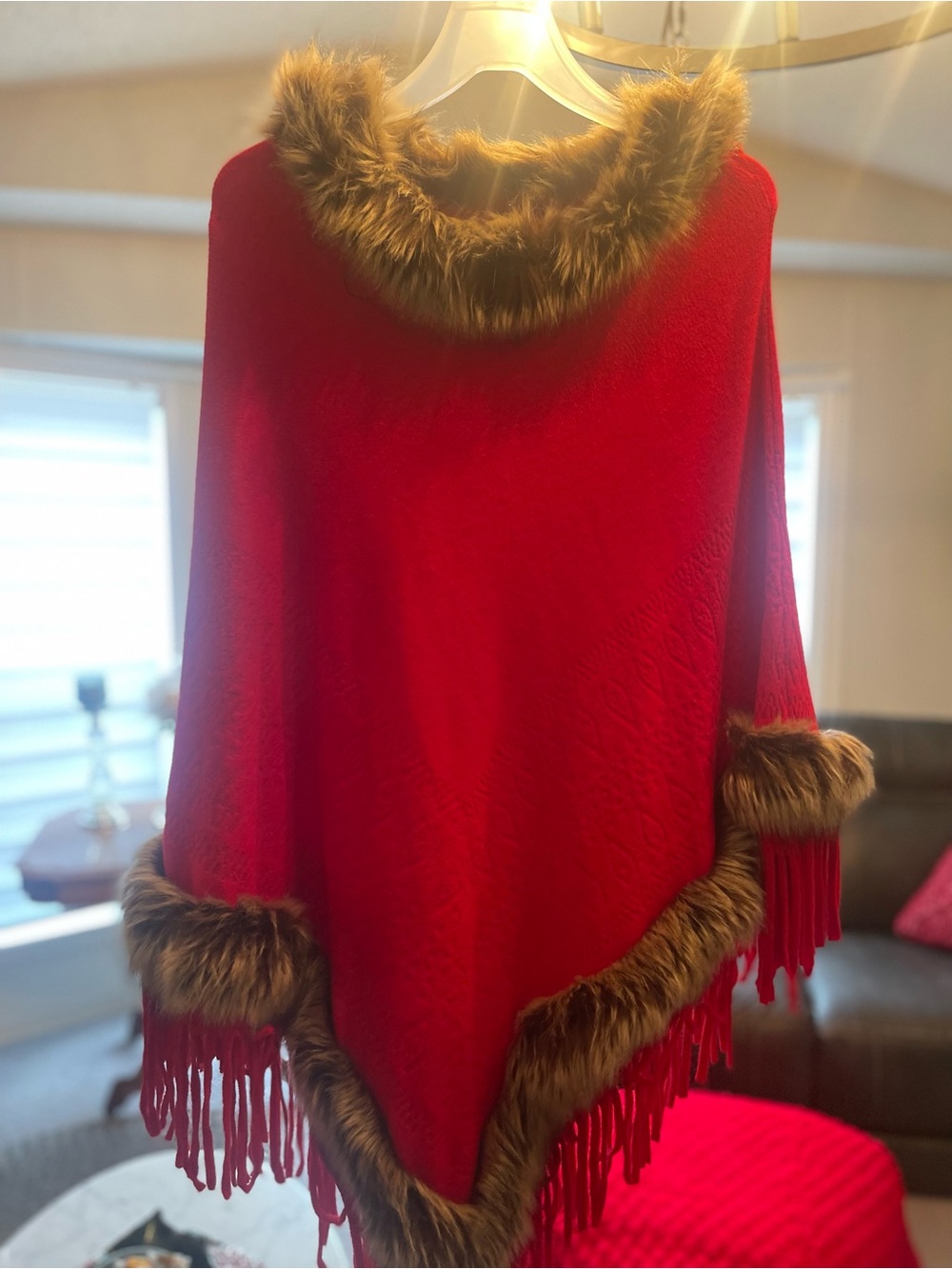Red Faux Fur Trim Poncho